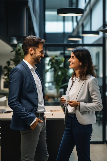 a man and woman are smiling and talking in a conference room