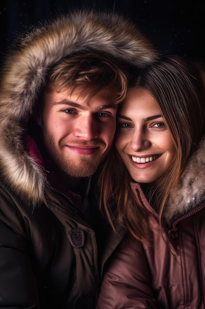 A man and a woman are smiling and wearing a fur hoodie.