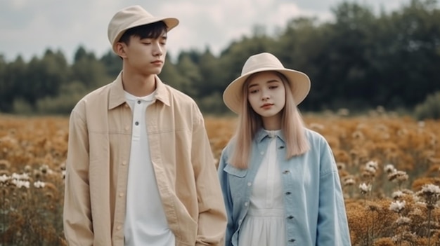 A man and a woman are standing in a field and wearing a blue jacket and a hat.