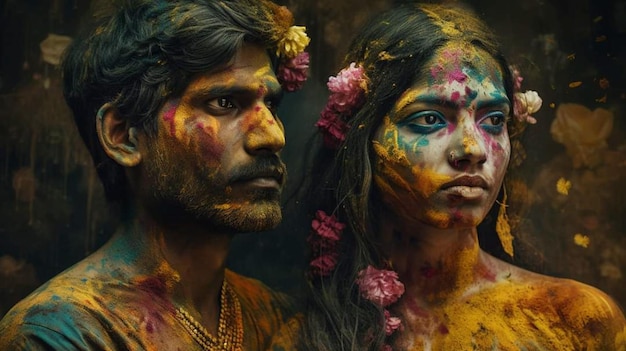 A man and a woman are standing in front of a backdrop of colorful powdered faces.