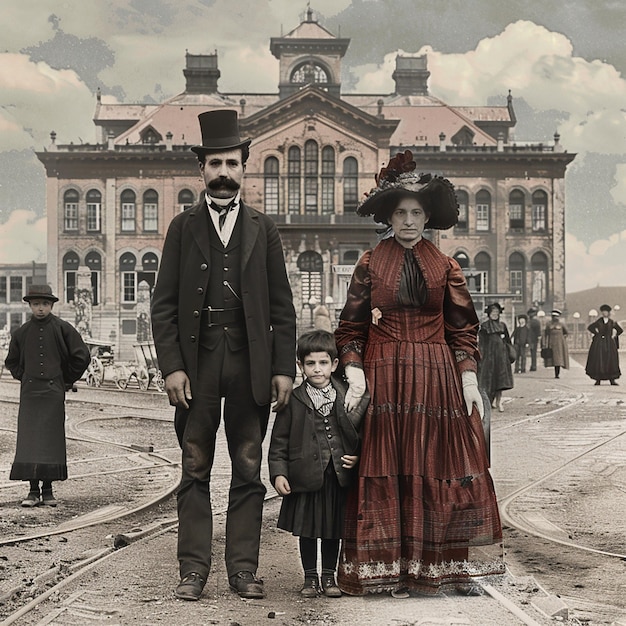 a man and a woman are standing in front of a building with a man and a child