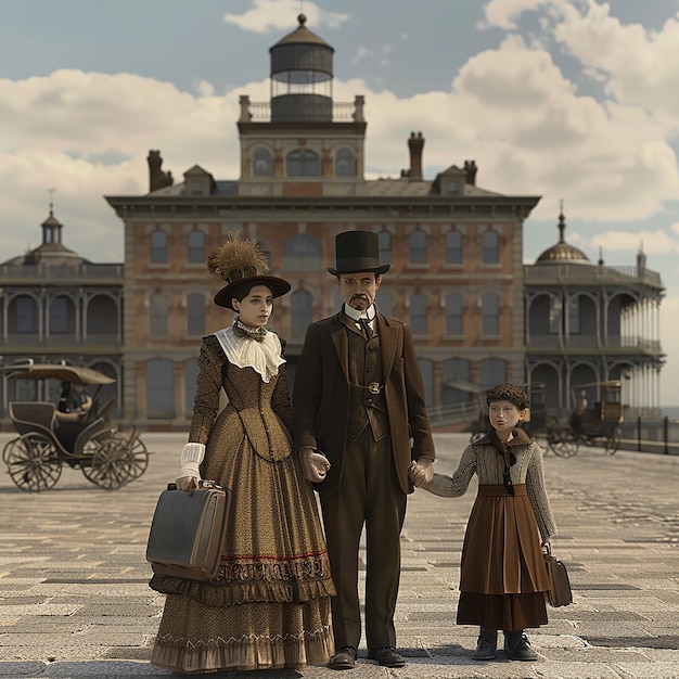 a man and a woman are standing in front of a building with a man and a woman holding a bag