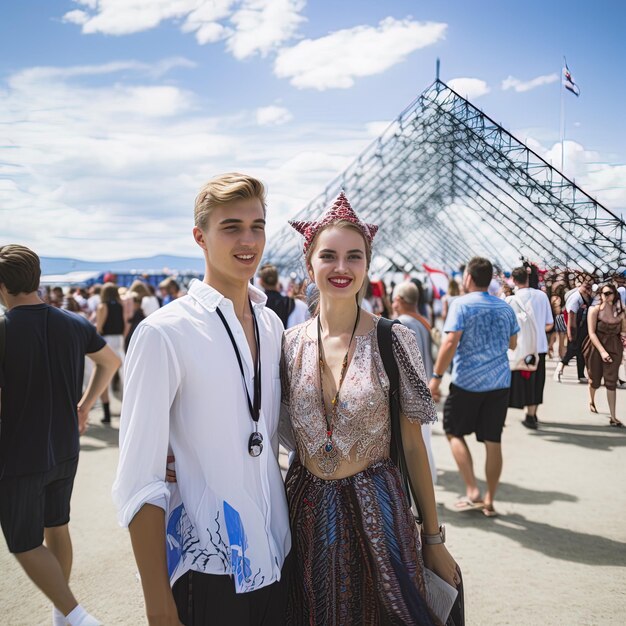 Photo a man and a woman are standing in front of a crowd of people