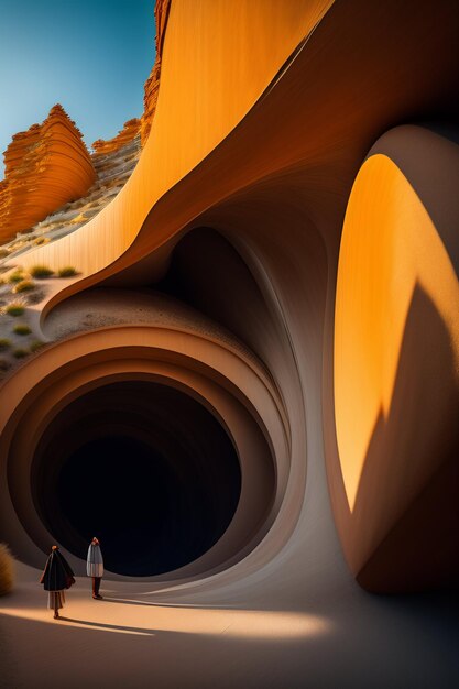 A man and woman are standing in front of a desert landscape with a large hole in the middle