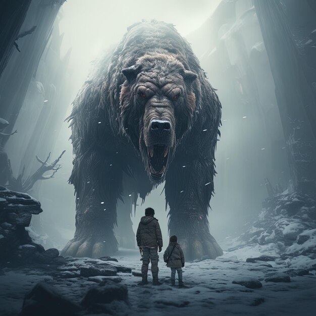 Photo a man and a woman are standing in front of a giant bear