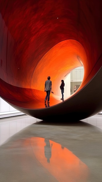 мужчина и женщина стоят перед большой красной скульптурой.