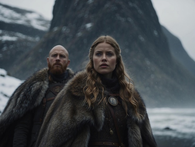 Photo a man and a woman are standing in front of a mountain