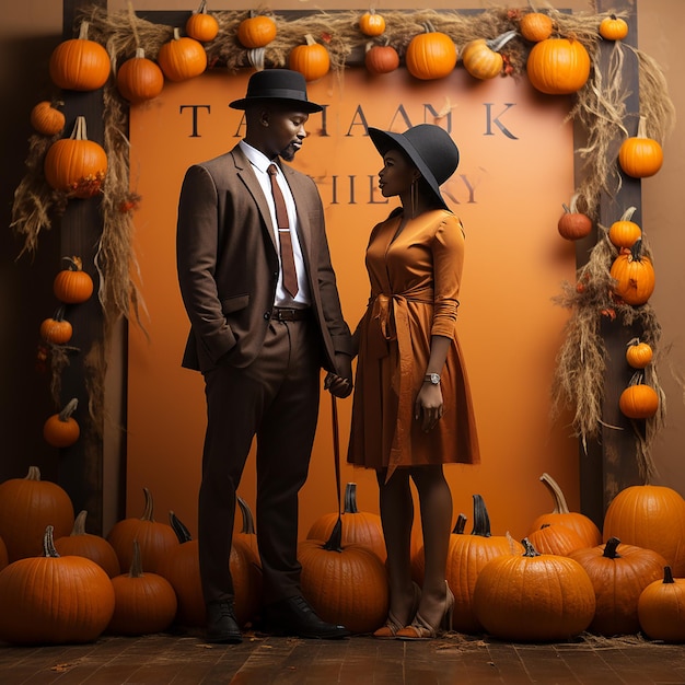 A man and a woman are standing in front of a pumpkin with the words fall on the wal