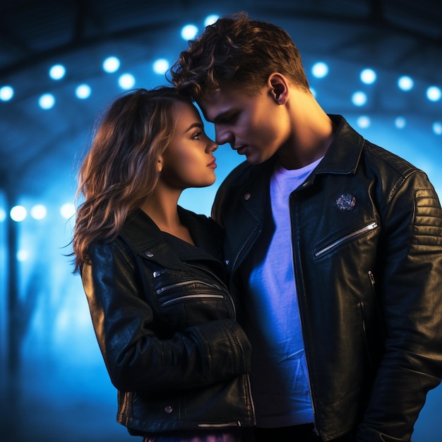 a man and woman are standing in front of a stage with a woman in a leather jacket.