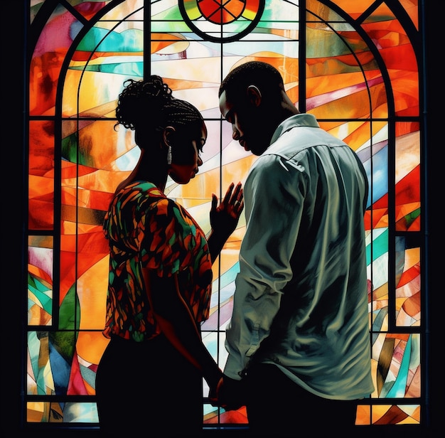 a man and a woman are standing in front of a stained glass window.