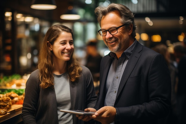 A man and a woman are standing in front of a tablet with the words " the word " on it.