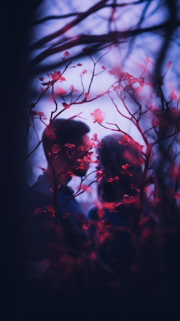 Photo a man and woman are standing in front of a tree with red leaves