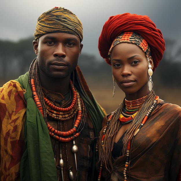 a man and woman are standing in front of trees and one of them has a green and orange patterned headdress.