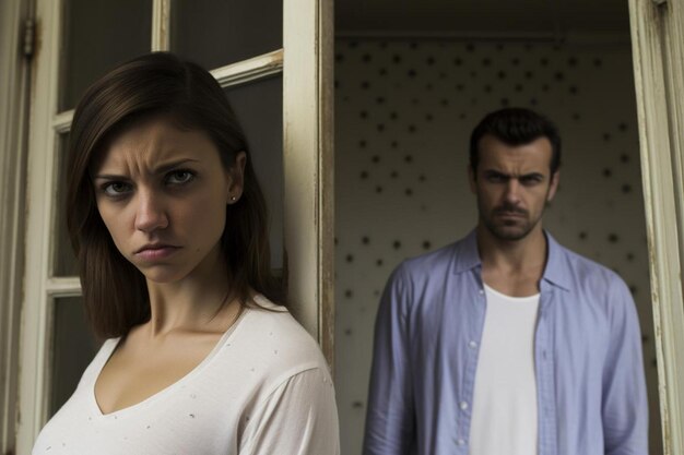 Photo a man and a woman are standing in front of a window