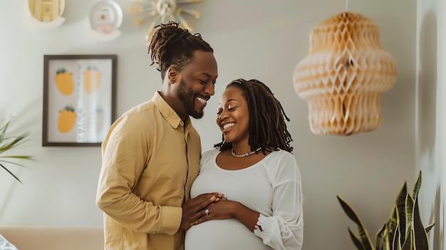 Photo a man and woman are standing in a living room and smiling