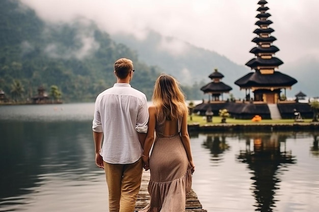 a man and a woman are standing on a pier