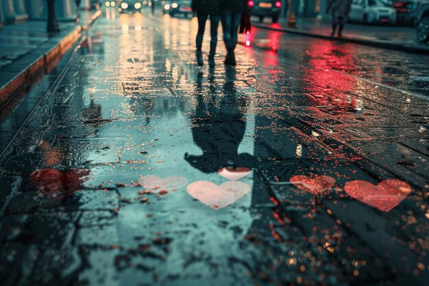 Photo a man and woman are standing in the rain with a heart on the ground