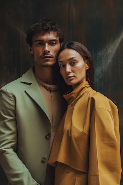 A man and a woman are standing together, both wearing yellow coats.
