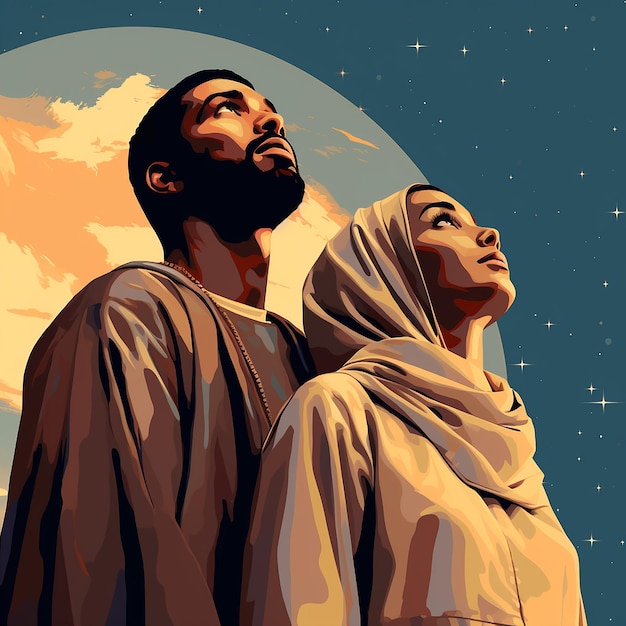 男と女が星を背景にした月の前に一緒に立っている。