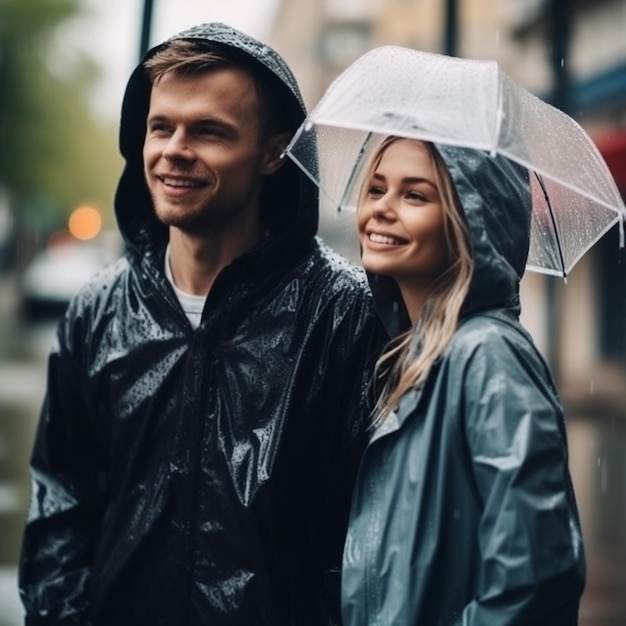 Photo a man and a woman are standing under an umbrella