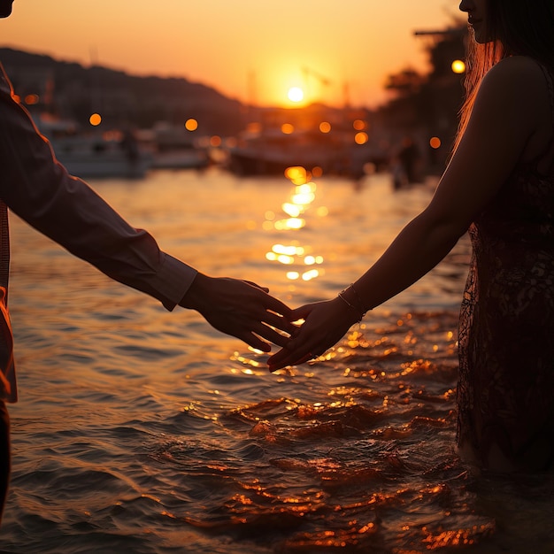 a man and a woman are standing in the water at sunset