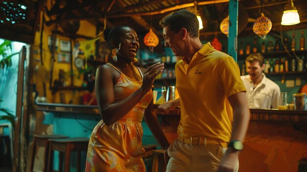 Foto un uomo e una donna stanno parlando in un bar