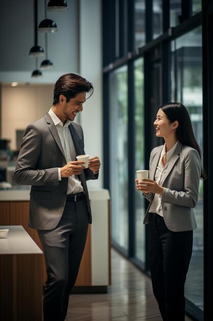 男性と女性がコーヒーカップでキッチンで話している