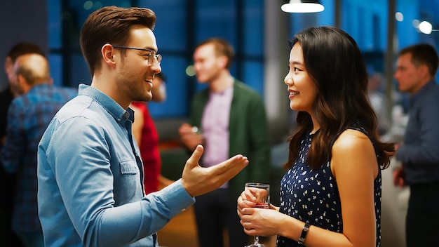 a man and woman are talking and one of them is wearing glasses