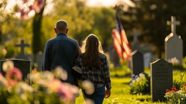 A man and a woman are walking away from the camera in a cemetery They are holding hands