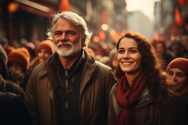 a man and a woman are walking in a crowd of people.