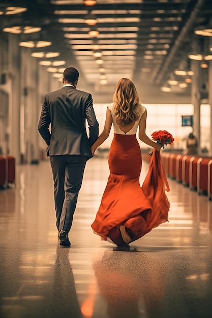 A man and woman are walking down a hallway, holding flowers.