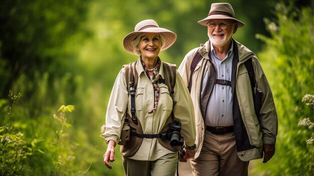 a man and woman are walking down a path in the woods