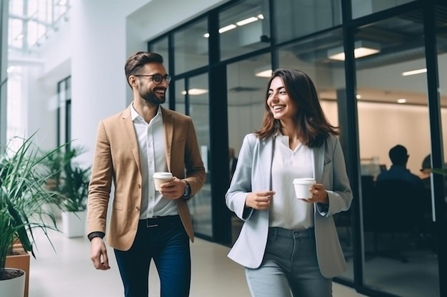 男性と女性がコーヒーカップとコーヒーマグでロビーを歩いています