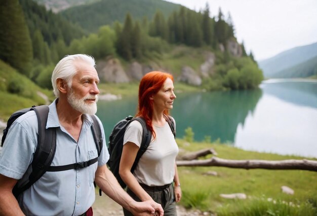 a man and a woman are walking near a lake