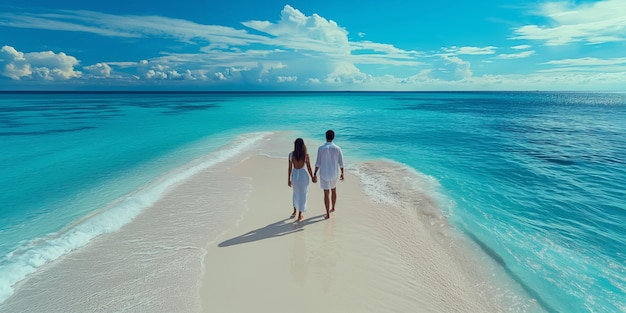 a man and a woman are walking on a sandy beach