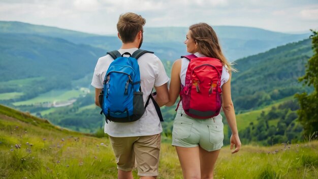 a man and a woman are walking through a field with mountains in the background