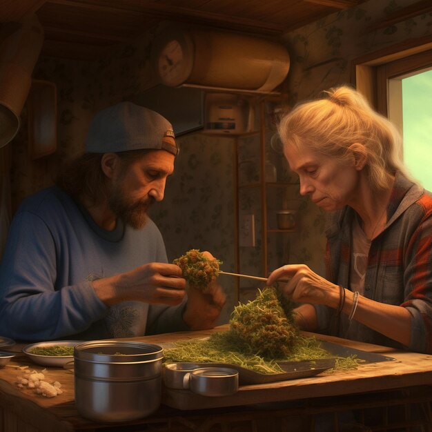 A man and woman are working on mosses and a clock on the wall