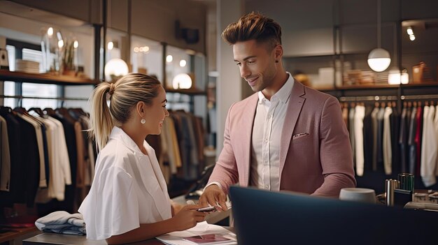 a man and a woman as they stand together in front of a computer conquering