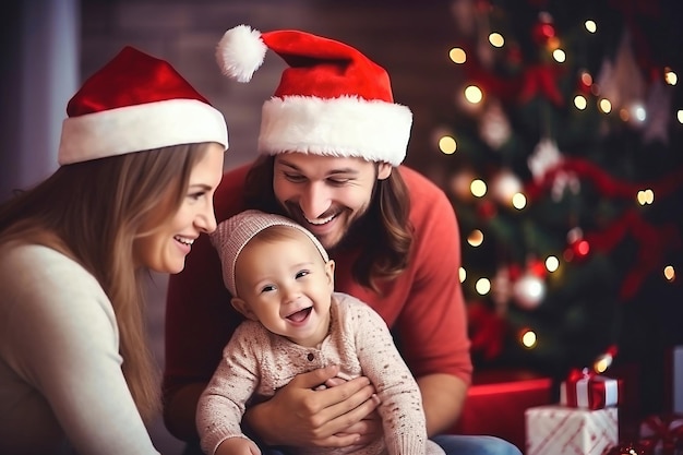 남자 여자와 아기가 크리스마스 트리 앞에 앉아 있다