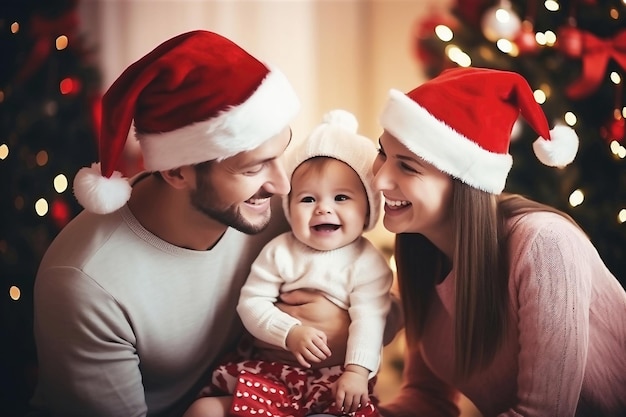 A man woman and baby wearing santa hats