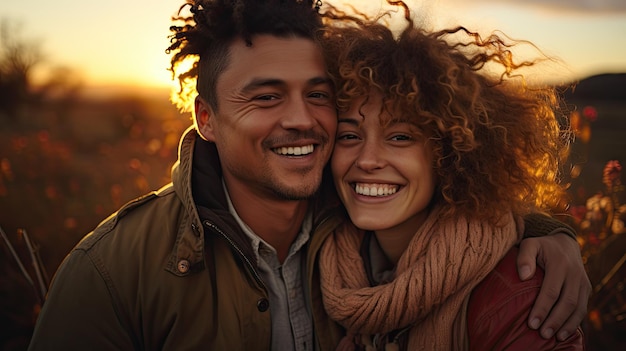 A man and woman beaming with joy in a street during fall