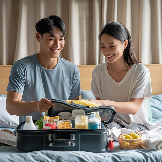 a man and woman in a bed with a suitcase with food in it