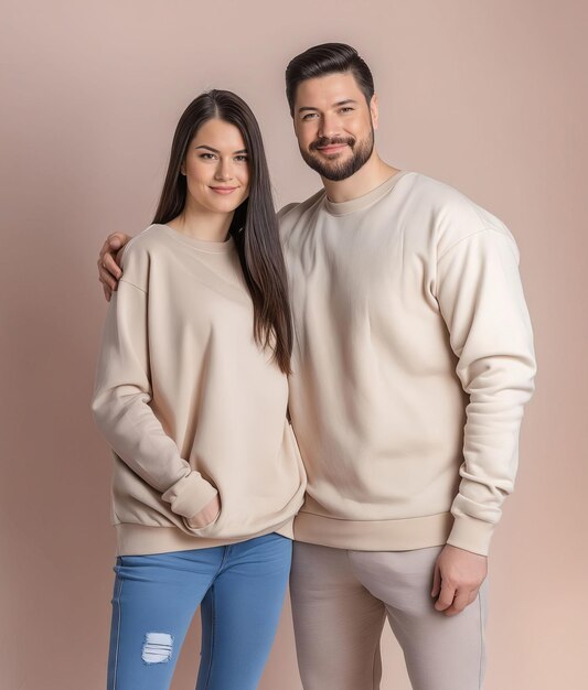 Мужчина и женщина в бежевых свитерах позируют для фото