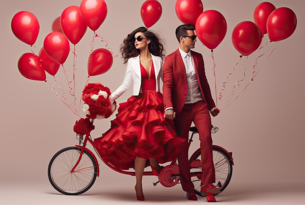 a man and woman on a bicycle are giving away the red balloons in the style of fashion photography