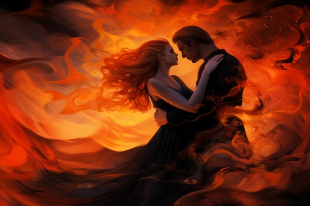 A man and woman in a black dress are standing in front of a fire