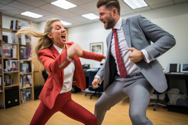 Photo a man and woman in business attire fighting in an office