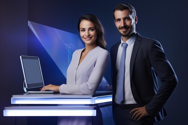 a man and woman business colleagues standing next to a laptop