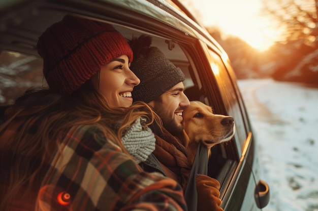 a man and woman in a car with a dog