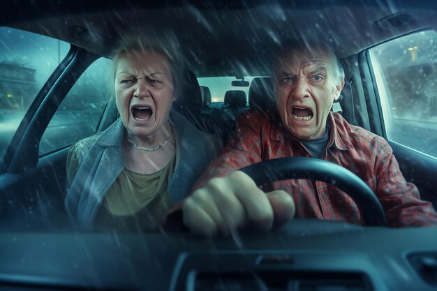 A man and woman in a car with a shocked expression