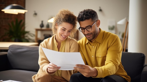 A man and a woman carefully read contracts on slips of paper